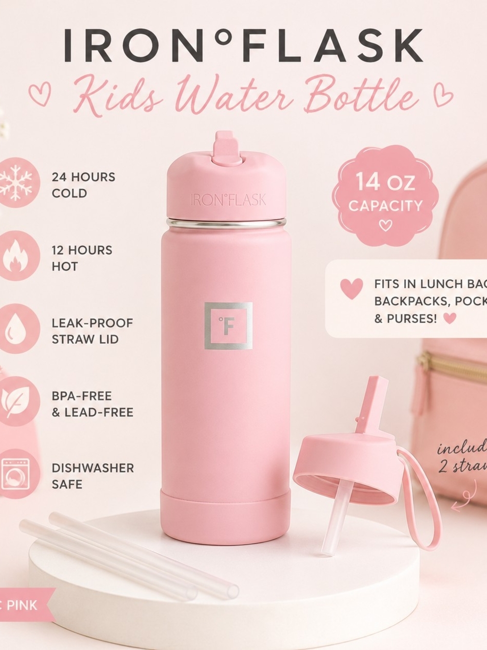 IRON°FLASK Kids 14oz Stainless Steel Water Bottle NWT Cosmetic Pink